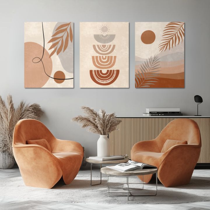 Modern tablou pe pânză cu motivul Slnečný dotyk piesku, modele geometrice în crem-maro nuanțe, atmosferă liniștită, natură | Tablou pe pânză – Slnečný dotyk piesku – produs