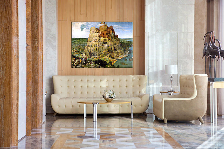 Vintage tablou pe pânză cu motivul BABYLONSKÁ VEŽA – Pieter Brueghel, peisaj în albastru-verde nuanțe agățat în interiorul sufragerie | Tablou pe pânză BABYLONSKÁ VEŽA – Pieter Brueghel – interior