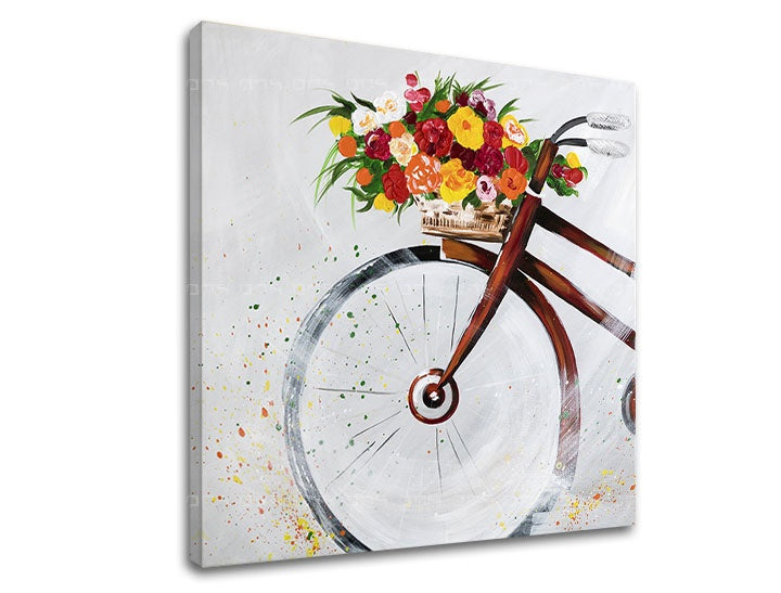 În stil boho tablou cu motivul BICYKEL, flori, motiv pentru copii în multicolor nuanțe | Tablou pe pânză BICYKEL, atmosferă de primăvară și romantism – previzualizare