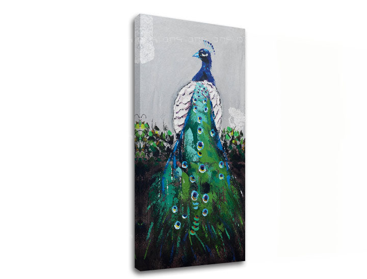 Modern tablou pe pânză cu motivul PĂUN, pasăre în verde-gri nuanțe, atmosferă elegantă, natură și frumusețe | Tablou pe pânză PĂUN – principală