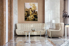 Vintage tablou pe pânză cu motivul ZRODENIE VENUŠE - William Bouguereau, mare, cer, hartă în crem-auriu nuanțe agățat în interiorul sufragerie – interior