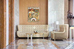 Geometric tablou pe pânză cu motivul BISCUITS LEFEVRE-UTILE – Alfons Mucha, pasăre în crem-albastru nuanțe agățat în interiorul sufragerie, natură – interior