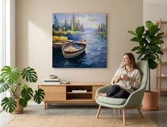 Modern tablou pe pânză cu motivul LOĎ V PRÍSTAVE, lac, copaci, cer, munți în alb-maro nuanțe agățat în interiorul sufragerie, natură și singurătate – interior