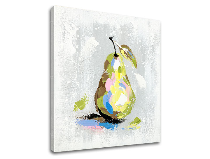 Pop art tablou pe pânză cu motivul HRUŠKA, fructe, list, motiv pentru copii în multicolor nuanțe, atmosferă veselă, natură, potrivit pentru sufragerie – principală