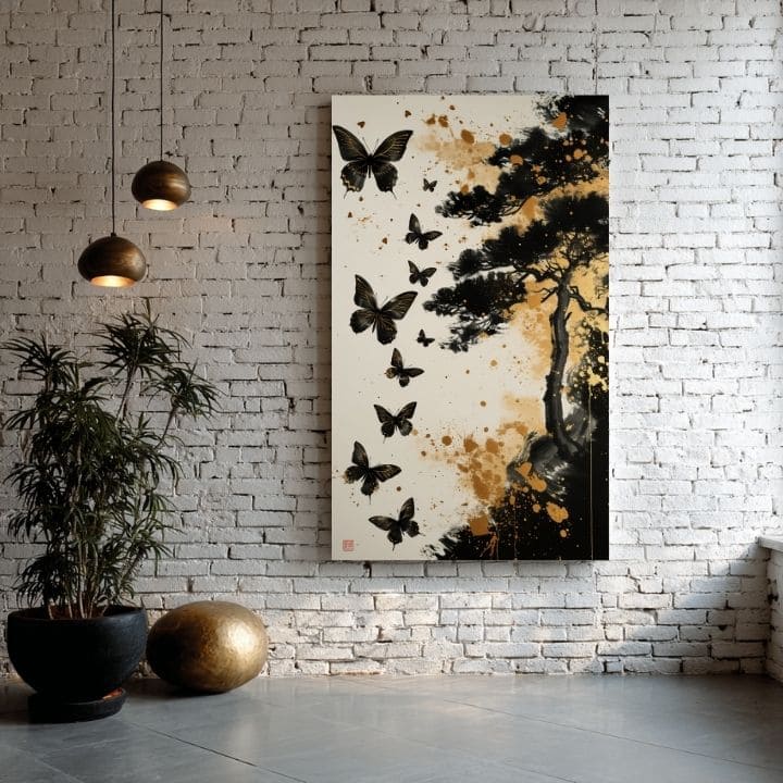 Modern tablou pe pânză cu motivul Motýlia Armonie - Čierno-zlatý Dizajn, fluturi în crem-negru nuanțe, atmosferă liniștită | Tablou pe pânză Motýlia Armonie - Čierno-zlatý Dizajn –..., vedere 2