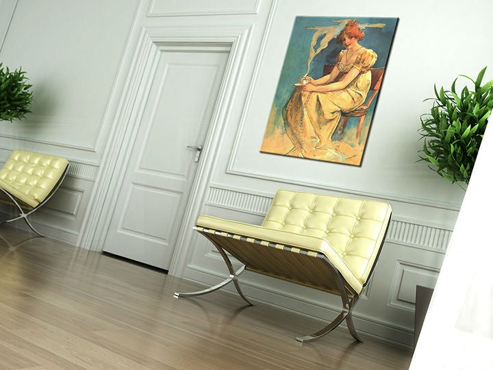 Vintage tablou cu motivul KÁVA – Alfons Mucha, pasăre, rochie în albastru-auriu nuanțe | Tablou pe pânză KÁVA – Alfons Mucha, natură – previzualizare