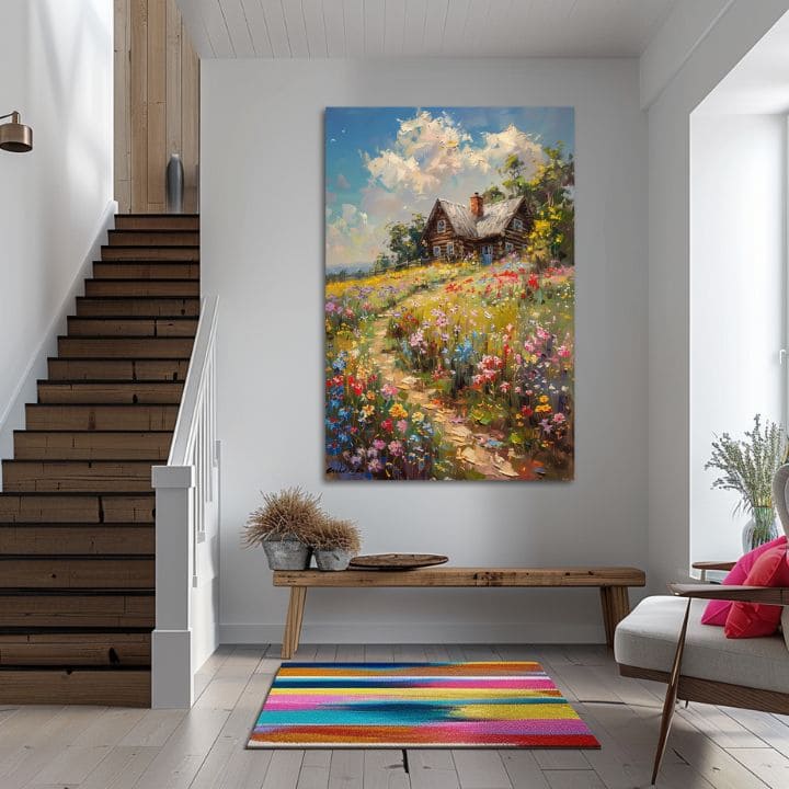 Pop art tablou pe pânză cu motivul Chalúpka v floral poli, cer, copaci, motiv pentru copii, animal în albastru-roz nuanțe, potrivit pentru sufragerie – produs, vedere 2