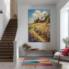 Pop art tablou pe pânză cu motivul Chalúpka v floral poli, cer, copaci, motiv pentru copii, animal în albastru-roz nuanțe, potrivit pentru sufragerie – produs, vedere 2