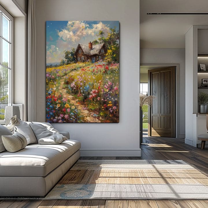 Pop art tablou pe pânză cu motivul Chalúpka v floral poli, cer, copaci, motiv pentru copii, animal în albastru-roz nuanțe, potrivit pentru sufragerie – produs