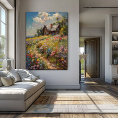 Pop art tablou pe pânză cu motivul Chalúpka v floral poli, cer, copaci, motiv pentru copii, animal în albastru-roz nuanțe, potrivit pentru sufragerie – produs