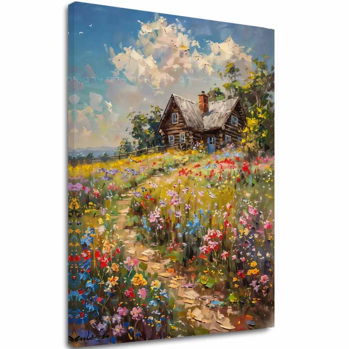 Pop art tablou pe pânză cu motivul Chalúpka v floral poli, cer, copaci, motiv pentru copii, animal în albastru-roz nuanțe, potrivit pentru sufragerie – principală