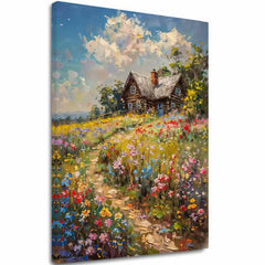 Pop art tablou pe pânză cu motivul Chalúpka v floral poli, cer, copaci, motiv pentru copii, animal în albastru-roz nuanțe, potrivit pentru sufragerie – principală