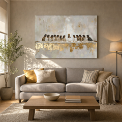 Tabloul cu Cina cea de Taină, cu detalii aurii, este expus într-un interior modern și elegant, deasupra unei console din lemn, alături de o vază și o lumânare, Papilora.