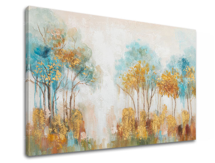 Modern tablou pe pânză cu motivul copaci, pădure, cer, flori, natură în bej-albastru nuanțe, atmosferă liniștită, natură și creștere și dezvoltare – produs