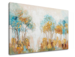 Modern tablou pe pânză cu motivul copaci, pădure, cer, flori, natură în bej-albastru nuanțe, atmosferă liniștită, natură și creștere și dezvoltare – produs