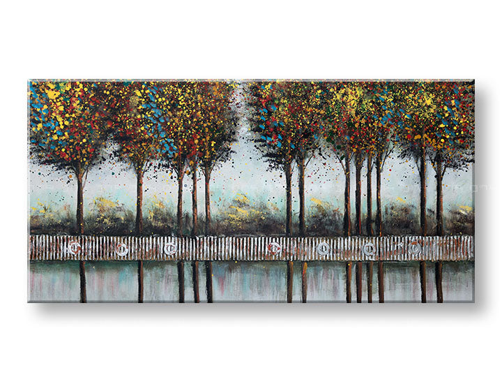 În stil boho tablou pe pânză cu motivul copaci, gard, reflexie pe apă, cer, peisaj în multicolor nuanțe, atmosferă liniștită, potrivit pentru hol – principală