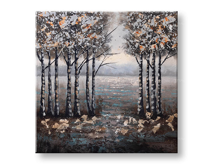 În stil boho tablou pe pânză cu motivul râu, pădure, cer, peisaj, natură în multicolor nuanțe, atmosferă liniștită, natură și singurătate, potrivit pentru sufragerie – principală