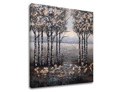 În stil boho tablou pe pânză cu motivul râu, pădure, cer, peisaj, natură în multicolor nuanțe, atmosferă liniștită, natură și singurătate, potrivit pentru sufragerie – produs
