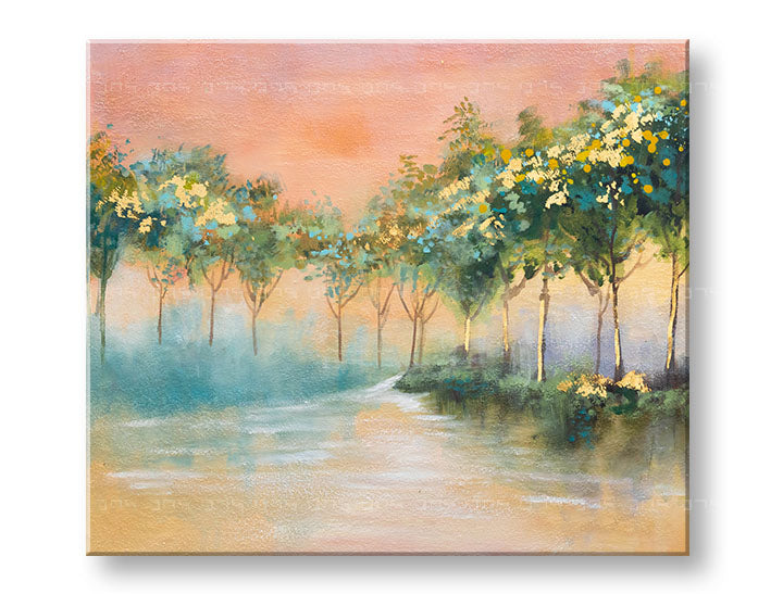 Modern tablou pe pânză cu motivul copaci, potecă, cer, ceață ușoară, natură în albastru-roz nuanțe, atmosferă liniștită, natură, potrivit pentru sufragerie – principală