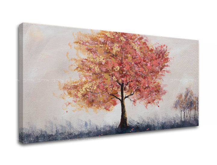 În stil boho tablou pe pânză cu motivul copac, cer, ceață ușoară, peisaj, natură în alb-roz nuanțe, atmosferă liniștită, singurătate și natură – produs