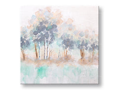 În stil scandinav tablou pe pânză cu motivul copaci, pădure, peisaj, natură în alb-bej nuanțe, atmosferă liniștită, natură și minimalism – principală