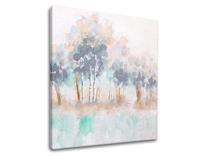 În stil scandinav tablou pe pânză cu motivul copaci, pădure, peisaj, natură în alb-bej nuanțe, atmosferă liniștită, natură și minimalism – produs
