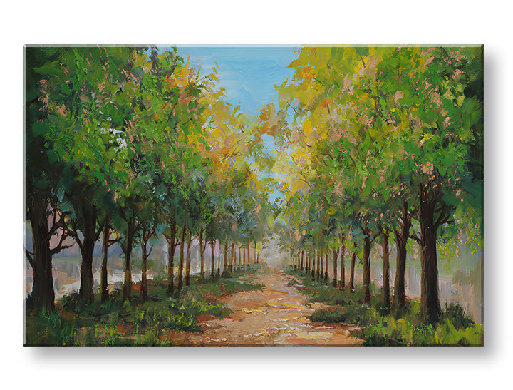 Modern tablou pe pânză cu motivul copaci, potecă, cer, natură în maro-albastru nuanțe, atmosferă liniștită, natură, potrivit pentru hol | Tablou pe pânză COPACI – principală