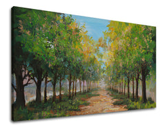 Modern tablou pe pânză cu motivul copaci, potecă, cer, natură în maro-albastru nuanțe, atmosferă liniștită, natură, potrivit pentru hol | Tablou pe pânză COPACI – produs