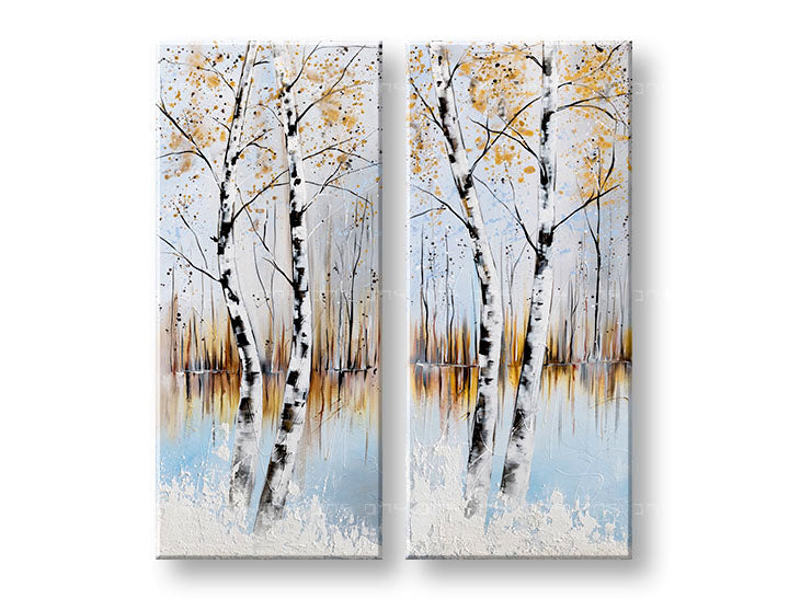 Modern tablou pe pânză cu motivul pădure, reflexie pe apă, cer, peisaj, natură în alb-maro nuanțe, atmosferă liniștită, natură și contemplare – principală