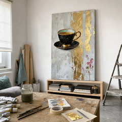 Tablou cu ceașcă de cafea pe șevalet în atelierul Papilora, finisare manuală cu acril sub lumină naturală, proces creativ de artă.