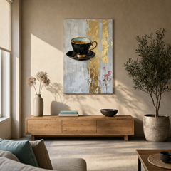 Tablou modern cu ceașcă de cafea expus în living stilat, deasupra unei console din lemn cu vază și lumânări, decor interior rafinat.