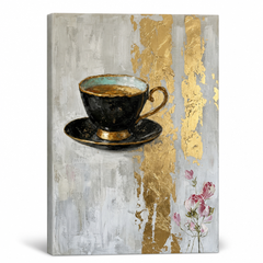 Tablou canvas cu ceașcă de cafea, vizualizare 3D a pânzei cu șasiu din lemn vizibil, stil decorativ elegant pentru casă, Papilora Premium Art.
