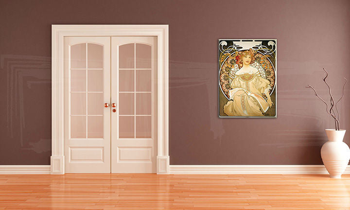 Geometric tablou pe pânză cu motivul SNÍVANIE – Alfons Mucha, flori, natură în crem nuanțe agățat în interiorul hol, natură – interior