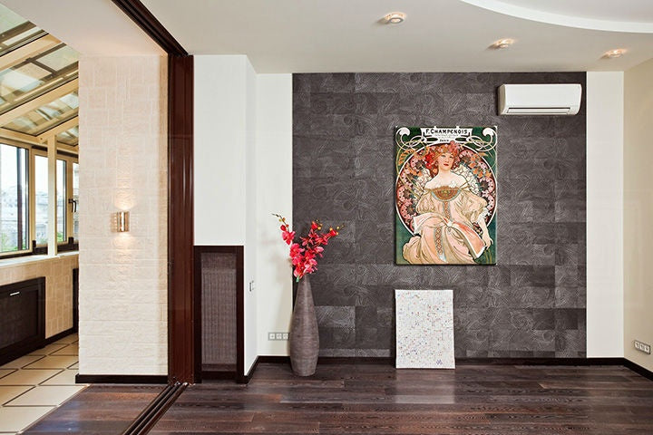 Pop art tablou pe pânză cu motivul F. CHAMPENOIS IMPRIMEUR-ÉDITEUR – Alfons Mucha, flori, natură în verde-roșu nuanțe agățat în interiorul sufragerie – interior