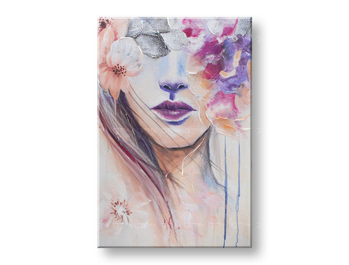 Modern tablou pe pânză cu motivul FEMEIE, flori, natură în bej-violet nuanțe, atmosferă eterică, natură și frumusețe, potrivit pentru dormitor | Tablou pe pânză FEMEIE – principală