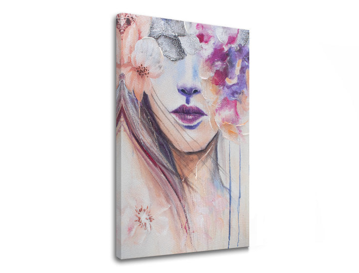 Modern tablou pe pânză cu motivul FEMEIE, flori, natură în bej-violet nuanțe, atmosferă eterică, natură și frumusețe, potrivit pentru dormitor | Tablou pe pânză FEMEIE – produs