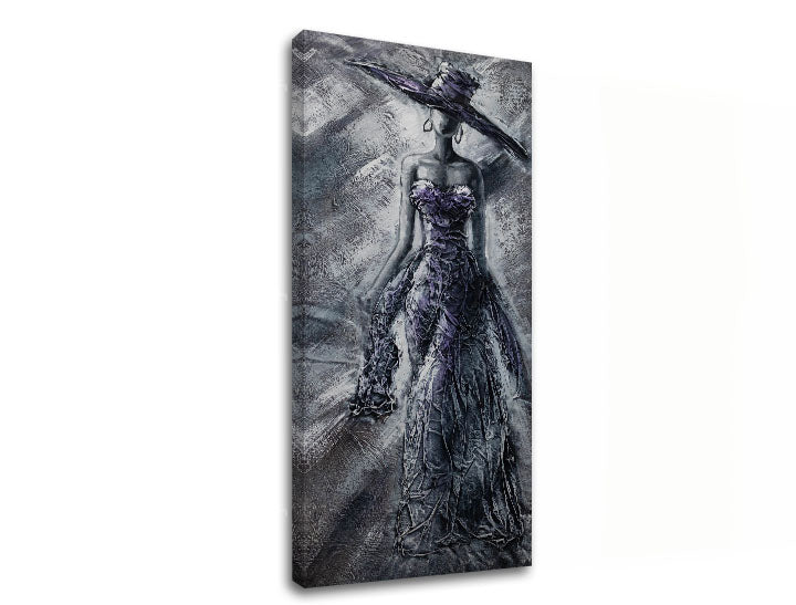 Industrial tablou pe pânză cu motivul FEMEIE în violet-gri nuanțe, atmosferă elegantă, eleganță și singurătate, potrivit pentru dormitor | Tablou pe pânză FEMEIE – produs