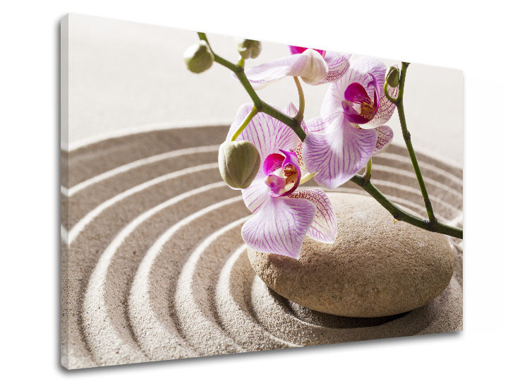 Clasic tablou pe pânză cu motivul FENG SHUI, orhidee, grădină zen, flori, hartă în bej-roz nuanțe, atmosferă liniștită, potrivit pentru sufragerie – produs