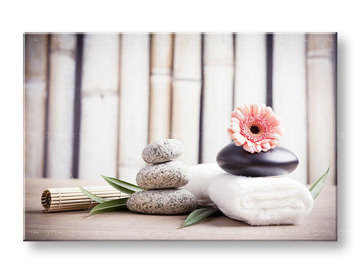 Clasic tablou pe pânză cu motivul FENG SHUI, bambus, flori, natură în bej-roz nuanțe, atmosferă liniștită, natură, potrivit pentru sufragerie – principală