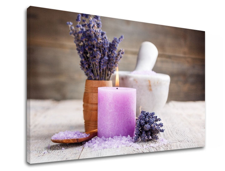 Clasic tablou cu motivul FENG SHUI, lumânare, lavandă în alb-bej nuanțe | Tablou pe pânză FENG SHUI_055-11, natură – previzualizare