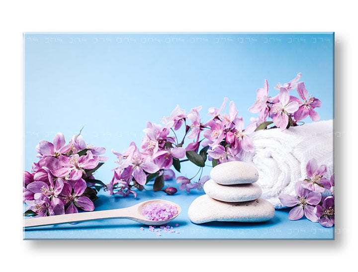 Clasic tablou pe pânză cu motivul FENG SHUI, flori, natură în alb-violet nuanțe, atmosferă liniștită, atmosferă de primăvară, potrivit pentru sufragerie – principală