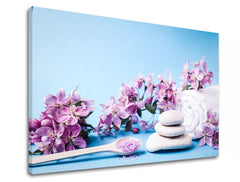 Clasic tablou pe pânză cu motivul FENG SHUI, flori, natură în alb-violet nuanțe, atmosferă liniștită, atmosferă de primăvară, potrivit pentru sufragerie – produs