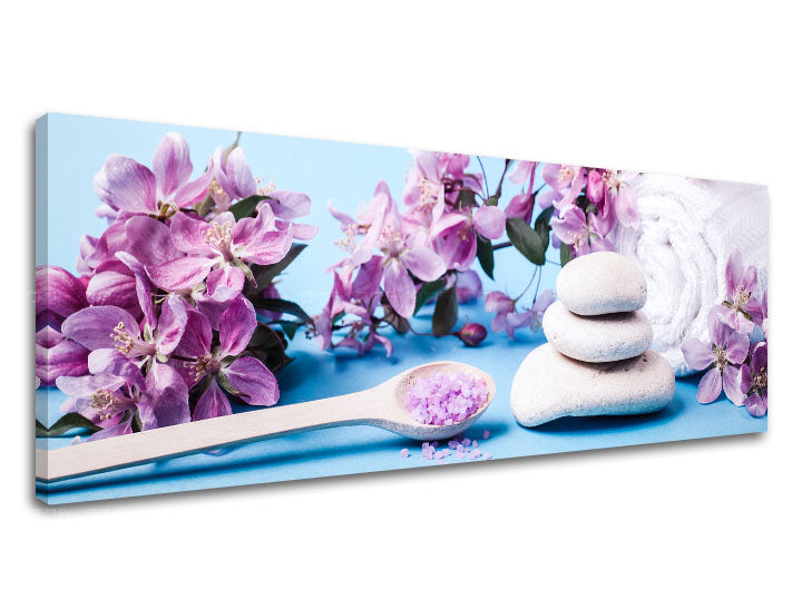 Clasic tablou pe pânză cu motivul FENG SHUI, flori, natură în alb-violet nuanțe, atmosferă liniștită, atmosferă de primăvară și natură, potrivit pentru sufragerie – produs