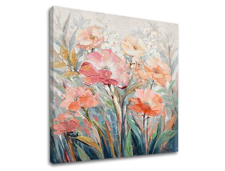 Modern tablou cu motivul FLORALĂ GRĂDINĂ, maci, grădină în bej-portocaliu nuanțe | Tablou pe pânză FLORALĂ GRĂDINĂ, atmosferă de primăvară și natură – previzualizare