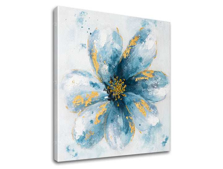 În stil boho tablou pe pânză cu motivul floare, flori, natură în alb-albastru nuanțe, atmosferă liniștită, natură și atmosferă de primăvară, potrivit pentru sufragerie – produs