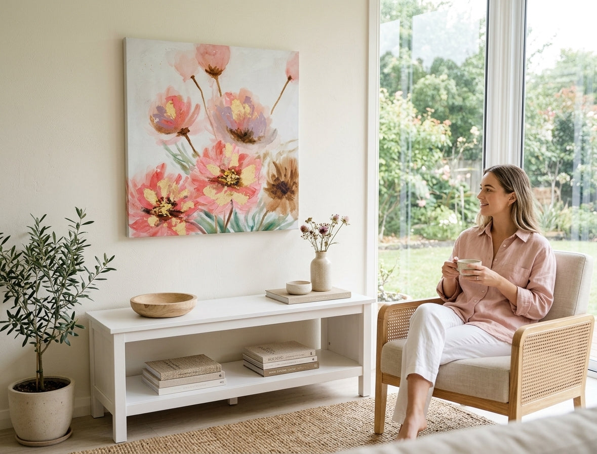 Modern tablou pe pânză cu motivul maci, flori, peisaj, natură, animal în roz-auriu nuanțe agățat în interiorul dormitor, atmosferă liniștită – interior