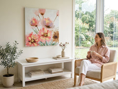 Modern tablou pe pânză cu motivul maci, flori, peisaj, natură, animal în roz-auriu nuanțe agățat în interiorul dormitor, atmosferă liniștită – interior