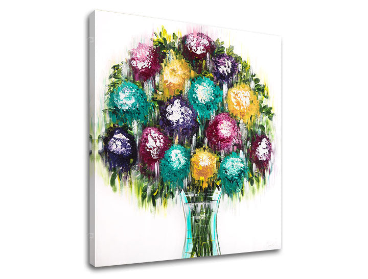 Modern tablou pe pânză cu motivul flori, vază, natură în multicolor nuanțe, atmosferă veselă, natură, potrivit pentru sufragerie | Tablou pe pânză FLORI – principală
