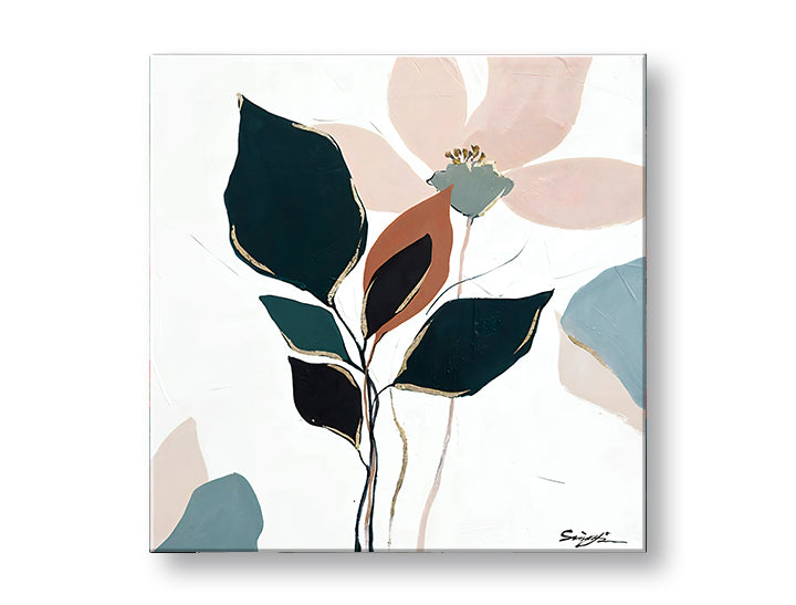 Minimalist tablou pe pânză cu motivul FRUNZE, floare, flori, natură în alb-bej nuanțe, atmosferă liniștită, natură și creștere și dezvoltare, potrivit pentru birou – principală