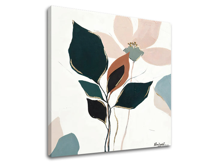 Minimalist tablou pe pânză cu motivul FRUNZE, floare, flori, natură în alb-bej nuanțe, atmosferă liniștită, natură și creștere și dezvoltare, potrivit pentru birou – produs